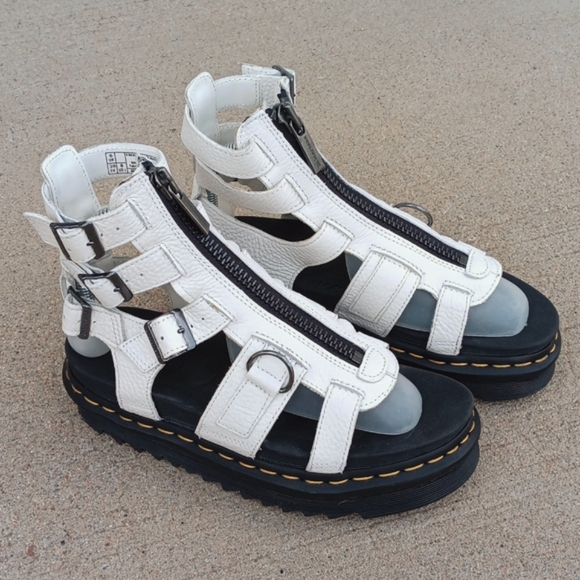 Dr Martens Olson Sandals White Leather Buckle Strap Platform Zip